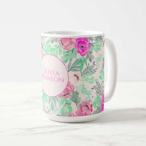 Pink Flowers Botanical Watercolor Coffee Mug