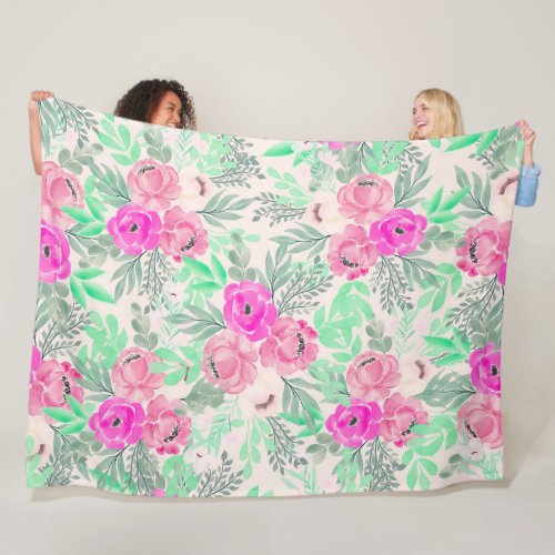 Pink Flowers Botanical Watercolor Fleece Blanket