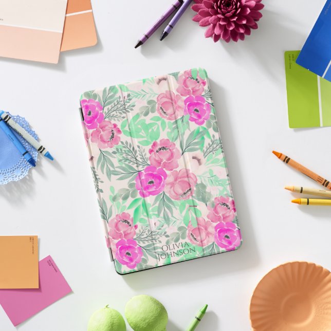 Pink Flowers Botanical Watercolor iPad Pro Cover (Desk)