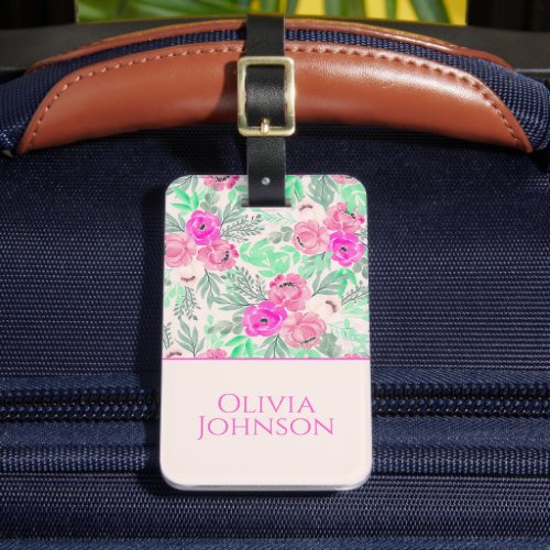 Pink Flowers Botanical Watercolor Luggage Tag