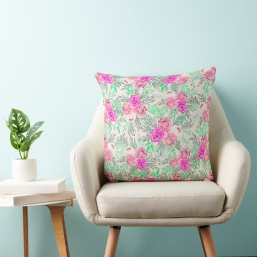 Pink Flowers Botanical Watercolor Throw Pillow