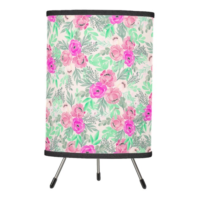 Pink Flowers Botanical Watercolor Tripod Lamp (Front)