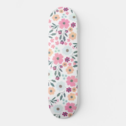 Pink flowers Botanical White Design Skateboard