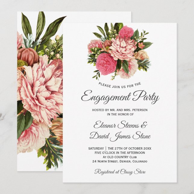Pink flowers bouquet classy elegant engagement invitation (Front/Back)