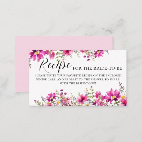 Pink Flowers Bridal Shower Recipe for Bride to Be Enclosure Card