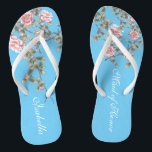Pink Flowers Bright Blue Background Wedding Gifts  Flip Flops<br><div class="desc">The flops features pink flowers illustration on bright blue background, and a classic wedding words typography. This elegant pair of flip flops is a beautiful and memorable gifts for the member of bridal party: bride tribe, bridesmaids, mother of the bride, maid of honor... adding a stylish dose of glam to your wedding day,...</div>