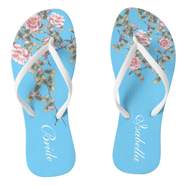 Pink Flowers Bright Blue Wedding Bride Flip Flops (Footbed)