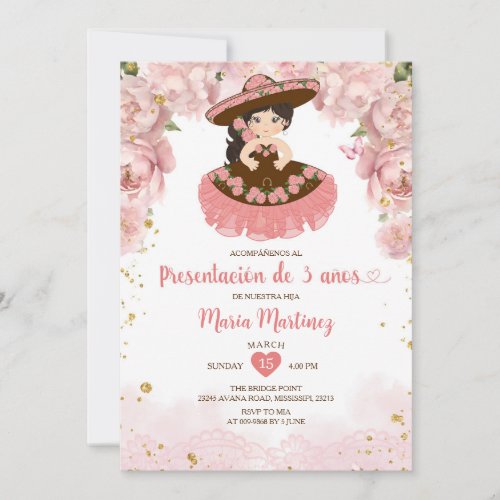 Pink Flowers Brown Girl Presentacin De Tres Aos Invitation