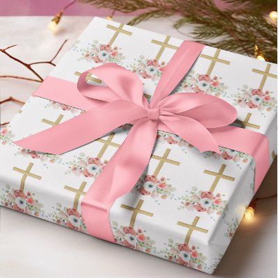 Pink Flowers Brown Religious Cross Easter Wrapping Paper