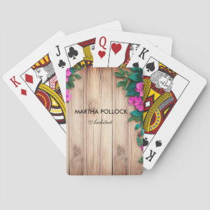 Pink flowers brown wood poker cards