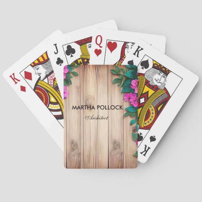 Pink flowers brown wood  poker cards (Back)