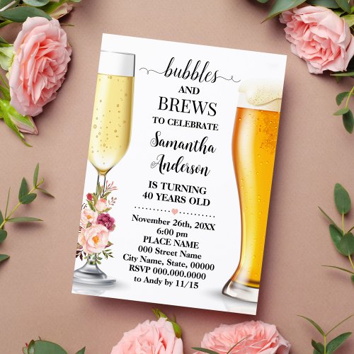 Pink Flowers Bubbles and Brews Adults Birthday Invitation