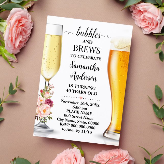 Pink Flowers Bubbles and Brews Adults Birthday Invitation (Creator Uploaded)