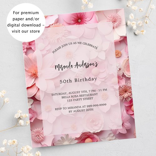 Pink flowers budget birthday invitation