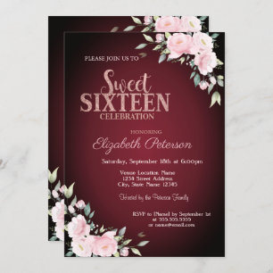 Pink Flowers Burgundy Sweet 16 Invitation