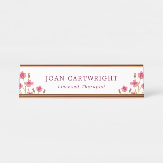 Pink Flowers Burgundy Text Desk Name Plate (Front)
