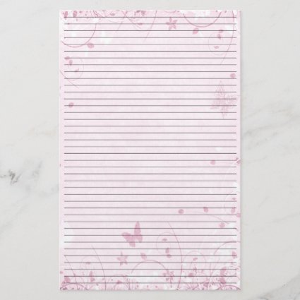 Pink Flowers Butterflies Lined Stationery Paper