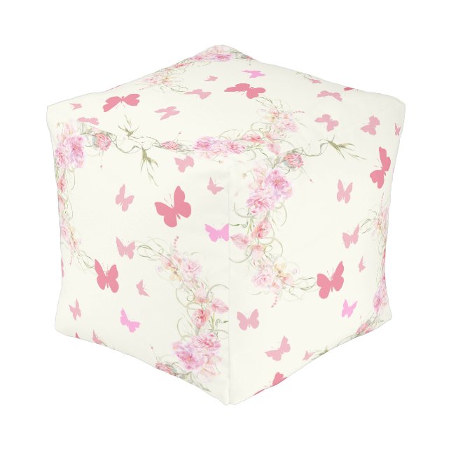 Pink Flowers, Butterflies, Pale Pink Background Pouf (Angled Back)