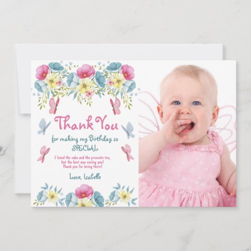 Pink Flowers Butterflies Photo Birthday Thank You Card
