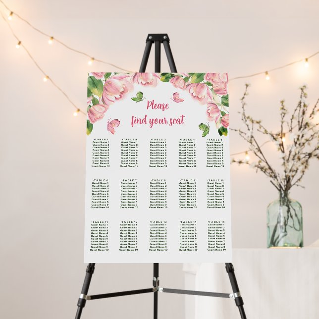 pink flowers & butterflies seating chart foam board (In Situ (Stand))