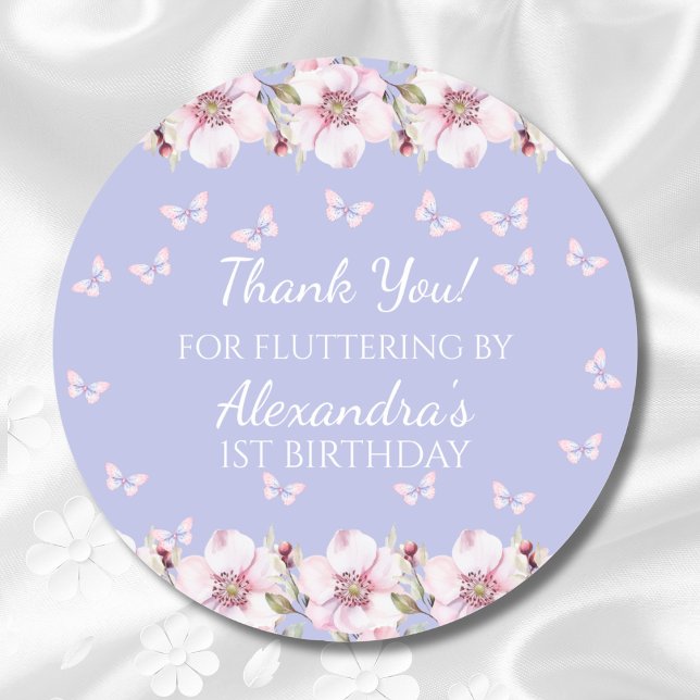Pink Flowers Butterfly 1st Birthday Thank You Classic Round Sticker (Creator Uploaded)