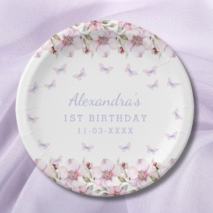 Pink Flowers Butterfly Girl 1st Birthday Paper Plates
