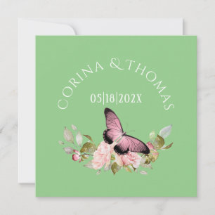 Pink Flowers & Butterfly on Green Wedding