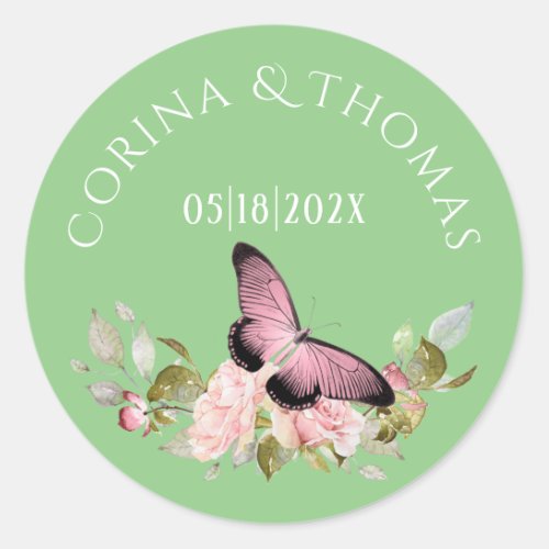 Pink Flowers  Butterfly on Green Wedding Classic Round Sticker