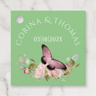 Pink Flowers & Butterfly on Green Wedding Favor Tags