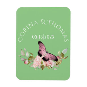 Pink Flowers & Butterfly on Green Wedding Magnet