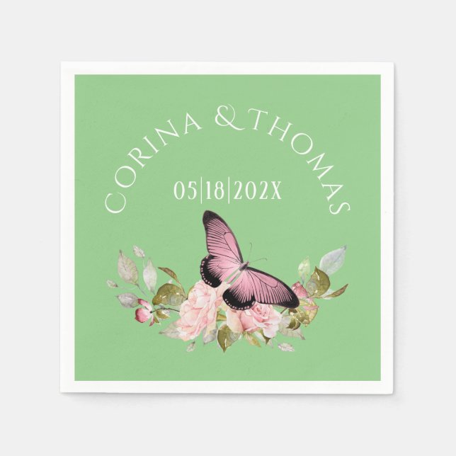 Pink Flowers & Butterfly on Green Wedding Napkins (Front)