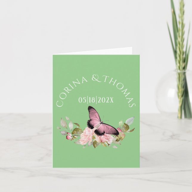 Pink Flowers & Butterfly on Green Wedding Note Card (Front)