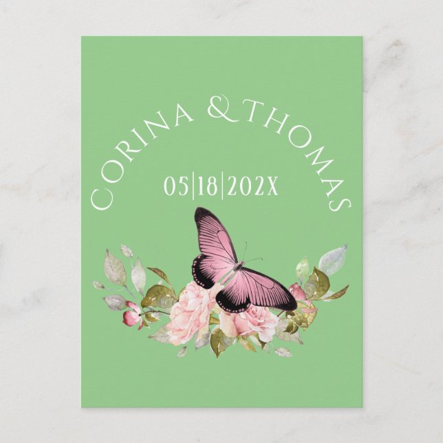 Pink Flowers & Butterfly on Green Wedding Postcard (Front)