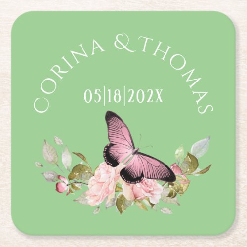 Pink Flowers  Butterfly on Green Wedding Square Paper Coaster