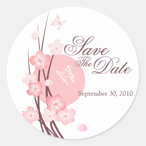 Pink Flowers Butterfly Save The Date Announcement Classic Round Sticker