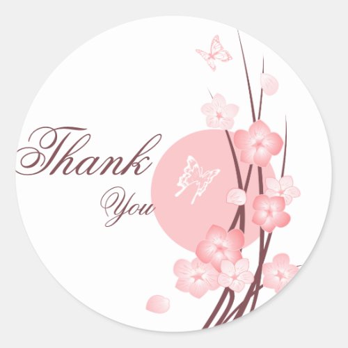 Pink Flowers Butterfly Thank You Classic Round Sticker