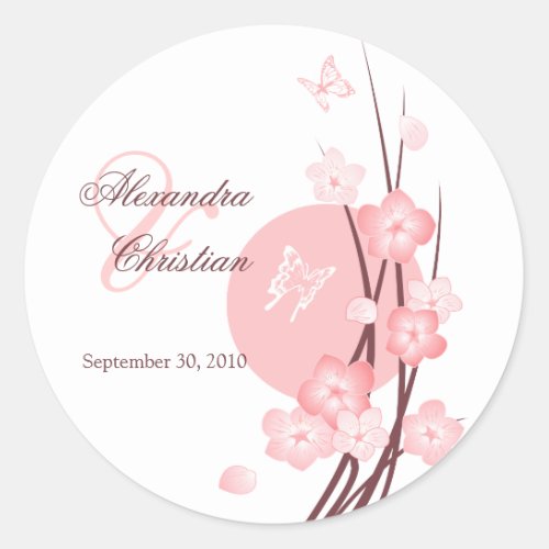 Pink Flowers Butterfly Wedding Announcement Classic Round Sticker