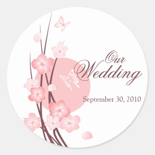 Pink Flowers Butterfly Wedding Announcement Classic Round Sticker