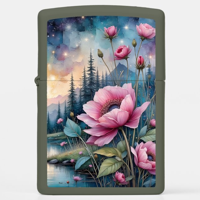 Pink Flowers by the waters edge Zippo Lighter (Front)