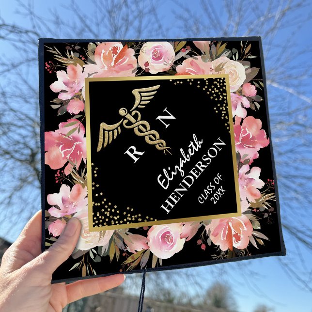 Pink Flowers Caduceus Nursing Graduation Cap Topper (Creator Uploaded)