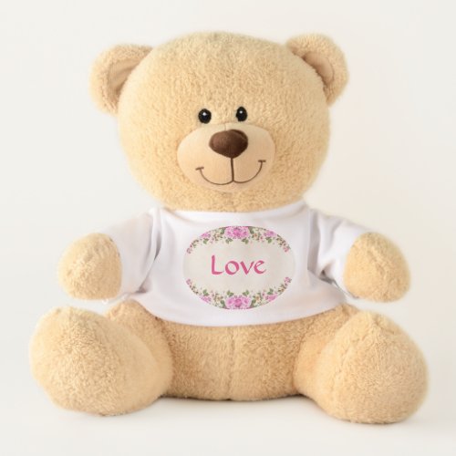 Pink Flowers Calligraphy  Love Text Teddy Bear