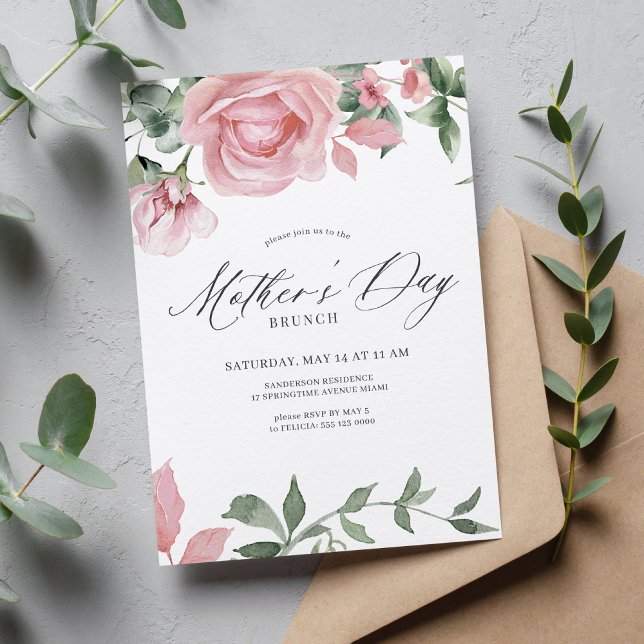 Pink flowers calligraphy script Mothers Day brunch Invitation (Creator Uploaded)