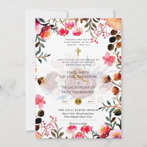 Pink Flowers  Catholic Nuptial Mass Wedding Invitation