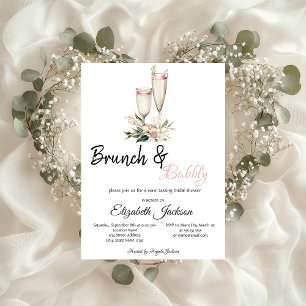 Pink Flowers Champagne Glass Brunch & Bubbly Invitation