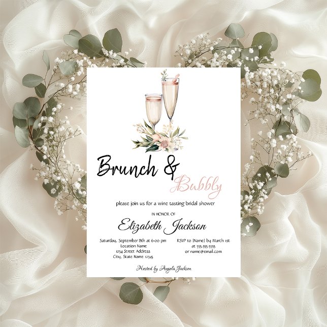 Pink Flowers Champagne Glass Brunch & Bubbly  Invitation (Creator Uploaded)