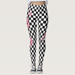 Pink Flowers Checkered Spandex Leggings