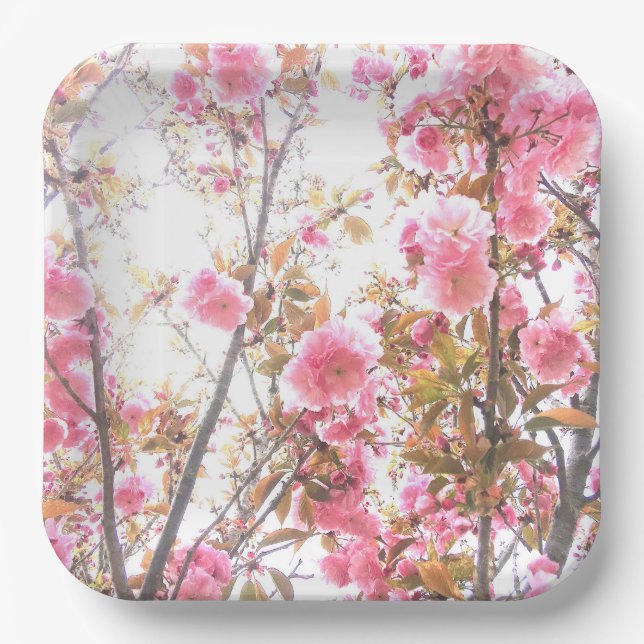 Pink Flowers Cherry Blossom Floral Patterns Cute Paper Plates (Front)