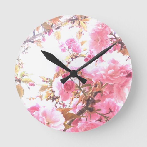 Pink Flowers Cherry Blossom Floral Patterns Sakura Round Clock