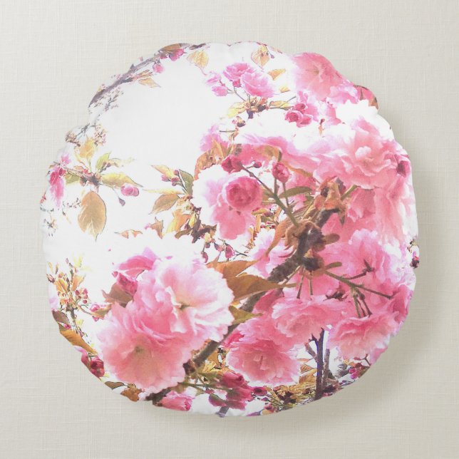 Pink Flowers Cherry Blossom Floral Patterns Sakura Round Pillow (Front)