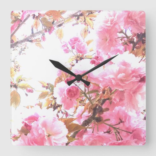 Pink Flowers Cherry Blossom Floral Patterns Sakura Square Wall Clock